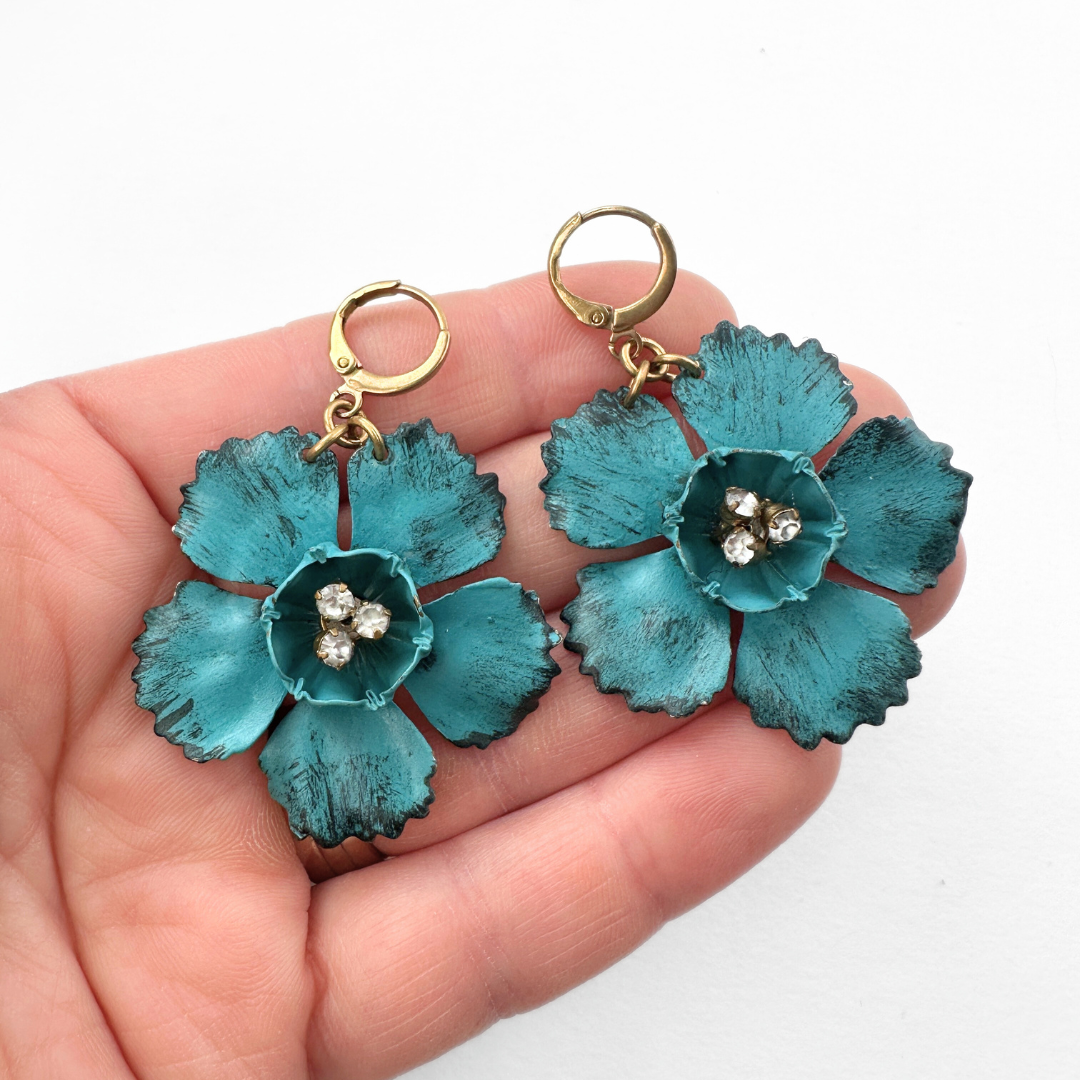 Large teal blue repurposed vintage enamel flower earrings
