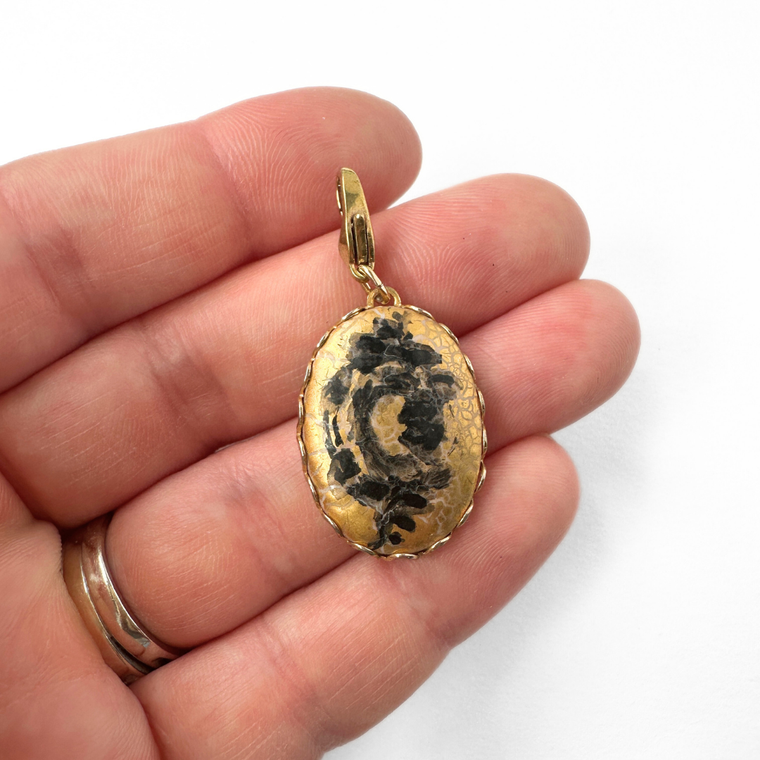 Vintage hand painted black rose on gold oval charm