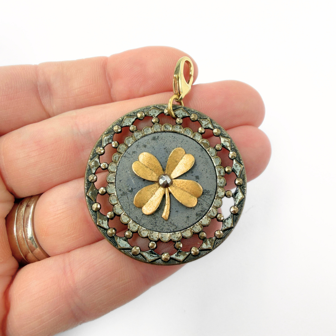 Refashioned Antique oversized steel cut clover circular button charm
