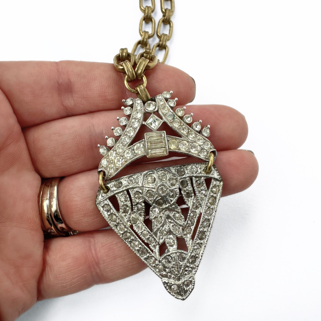 Refashioned 2-pc vintage art deco rhinestone and brass pendant necklace