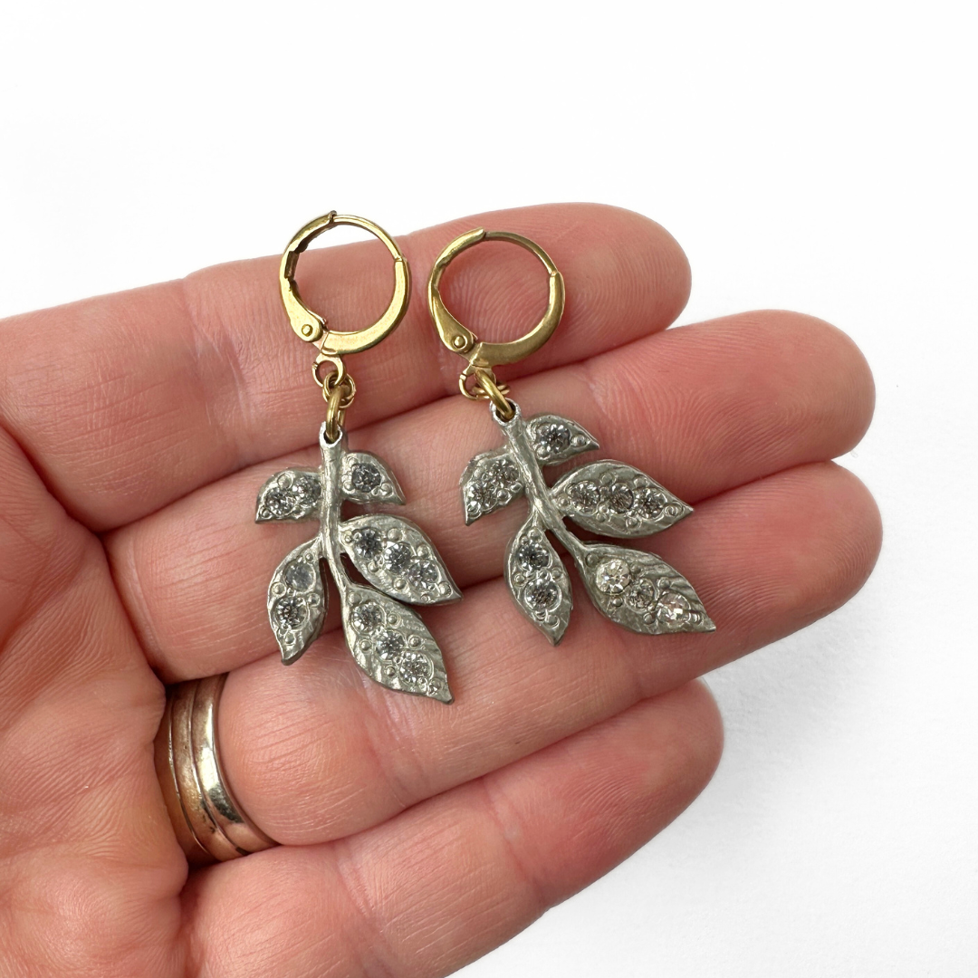 Refashioned vintage silver rhinestone leaf drops with brass lever backs