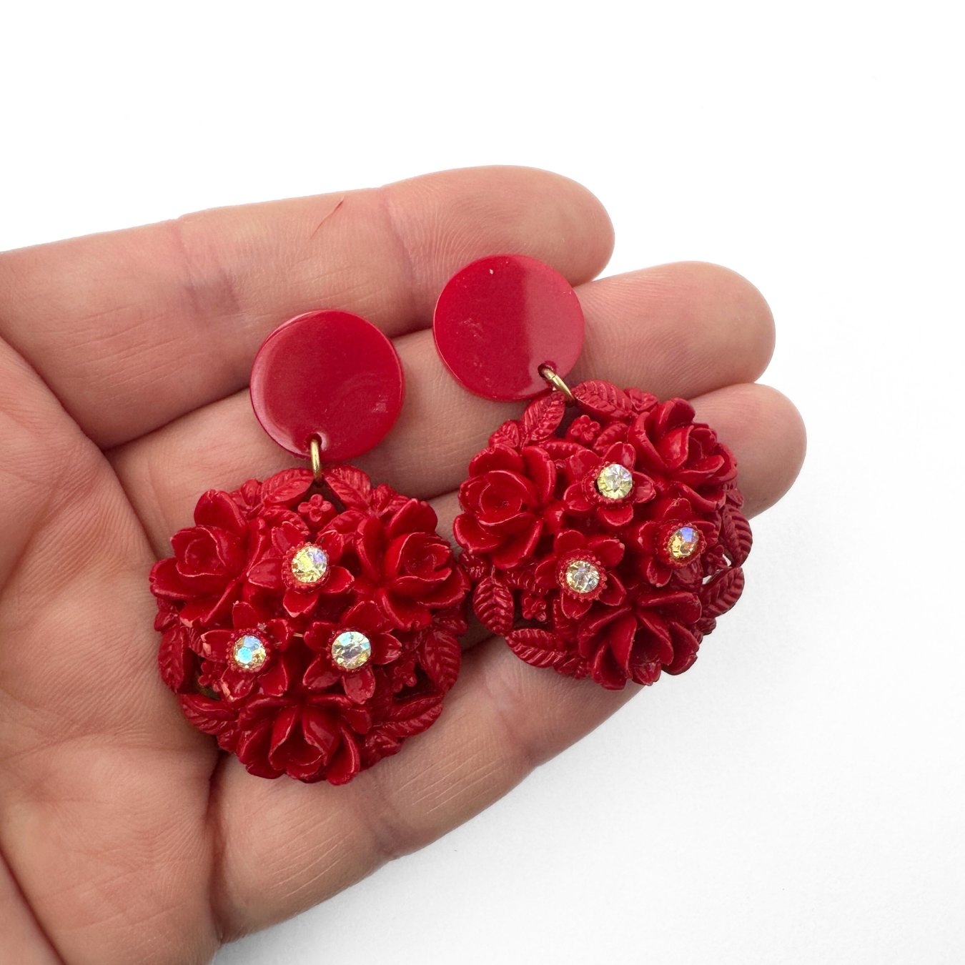 Refashioned vintage red molded plastic floral earrings