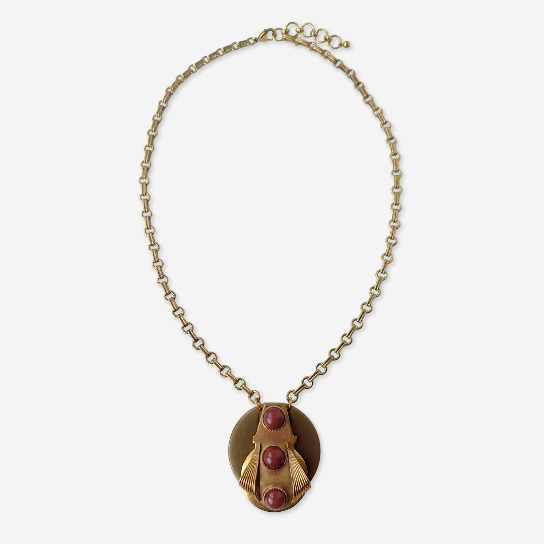 Repurposed olive bakelite and red carnelian assemblage pendant necklace