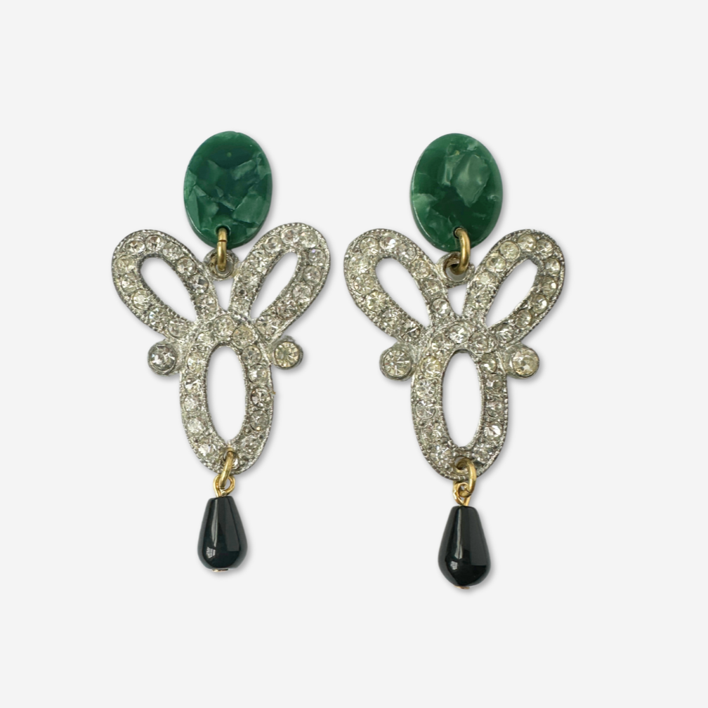 Large green, black, and Refashioned Art Deco rhinestone statement earrings