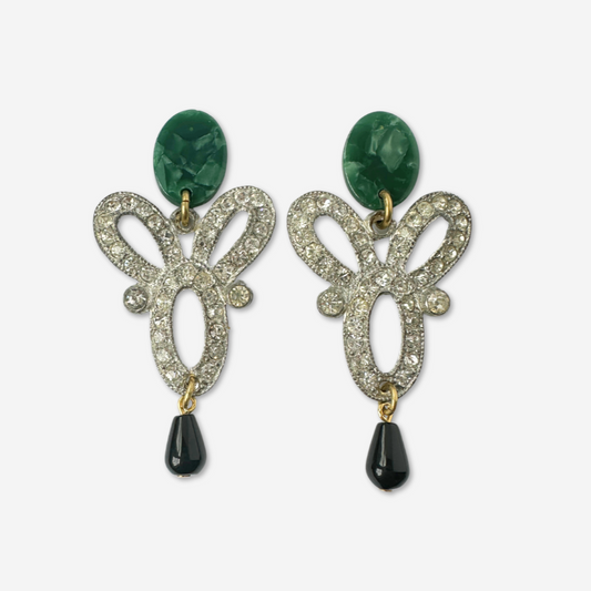 Large green, black, and Refashioned Art Deco rhinestone statement earrings