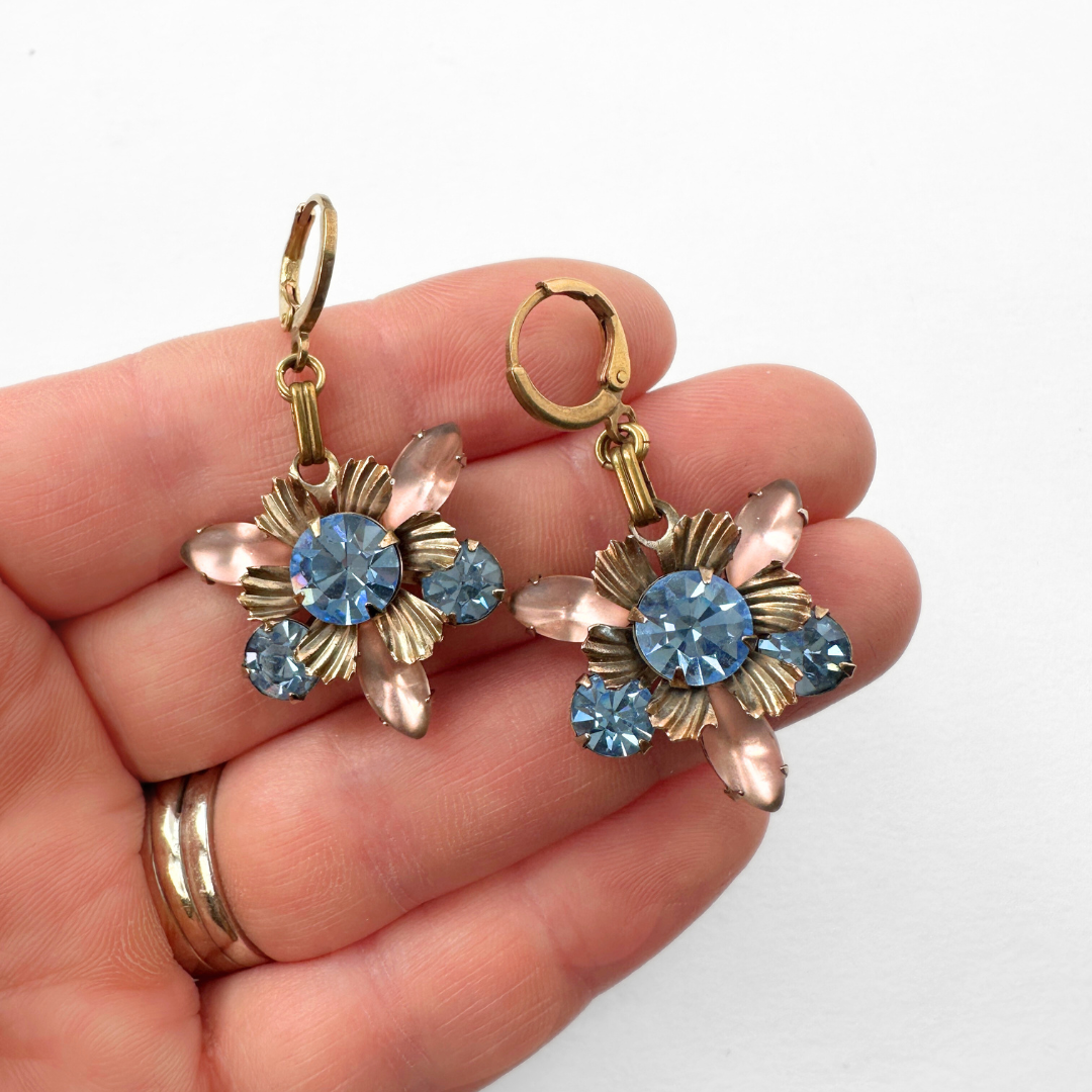 Refashioned vintage blush pink and ice blue rhinestone flower earrings