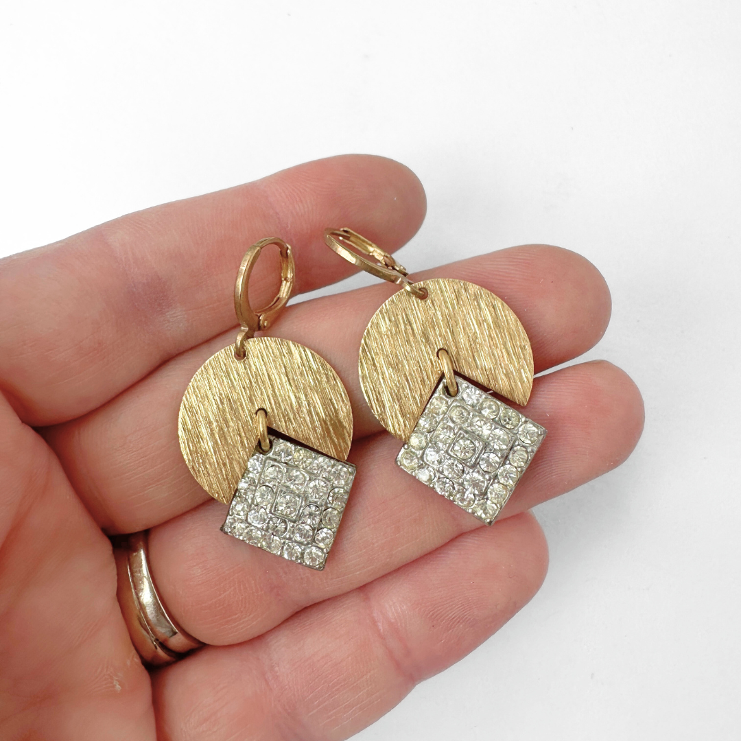 Refashioned vintage clear rhinestone square earrings with brass wedge