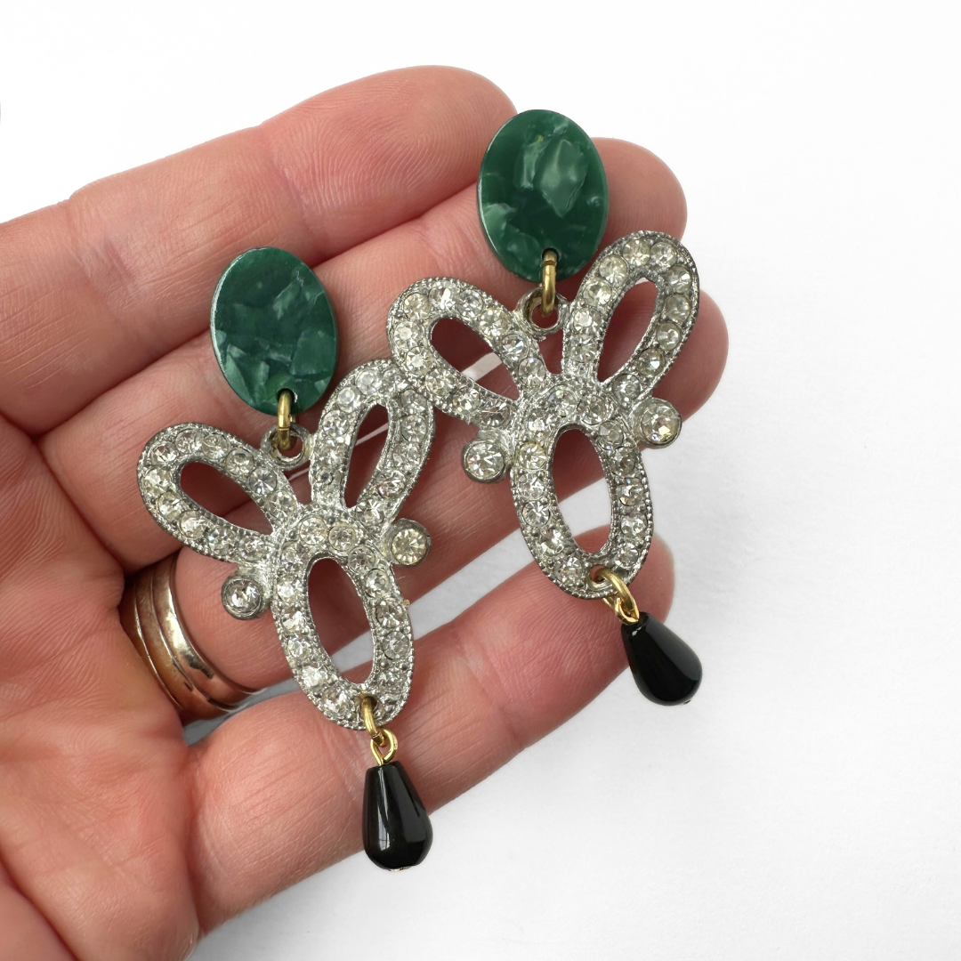 Large green, black, and Refashioned Art Deco rhinestone statement earrings