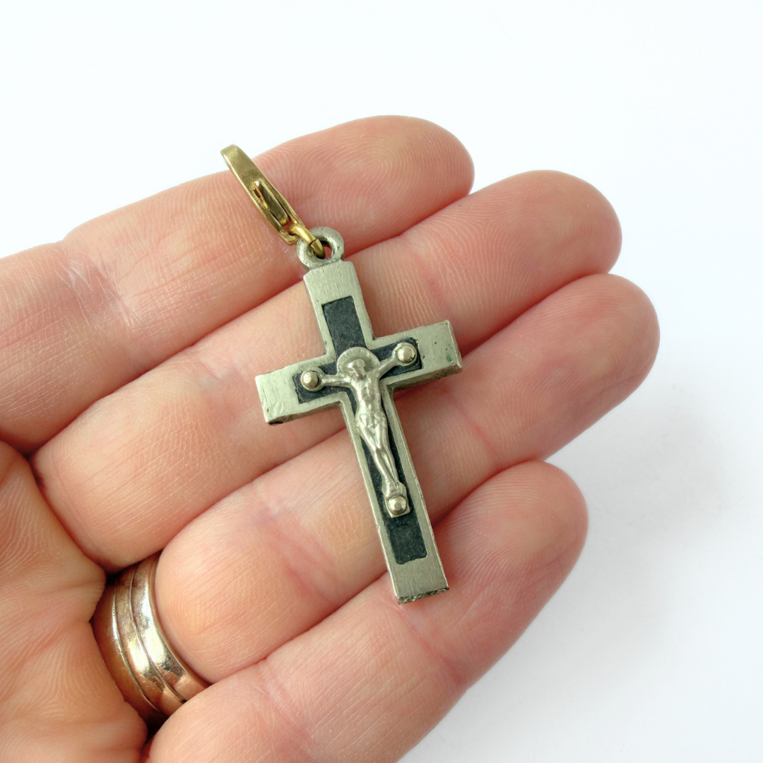 Vintage silver and black crucifix cross charm pendant