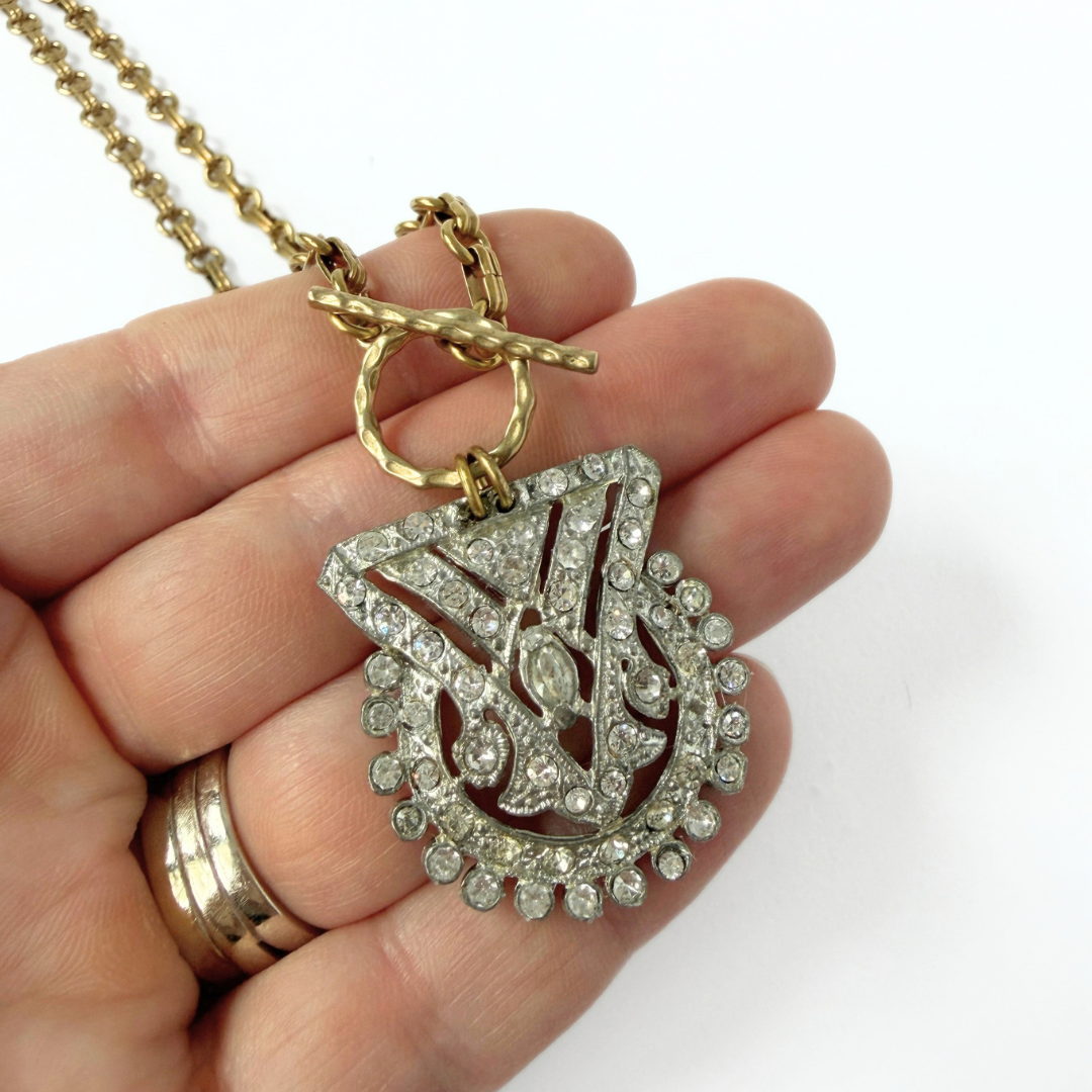 Refashioned Vintage clear rhinestone deco pendant with brass chain and toggle