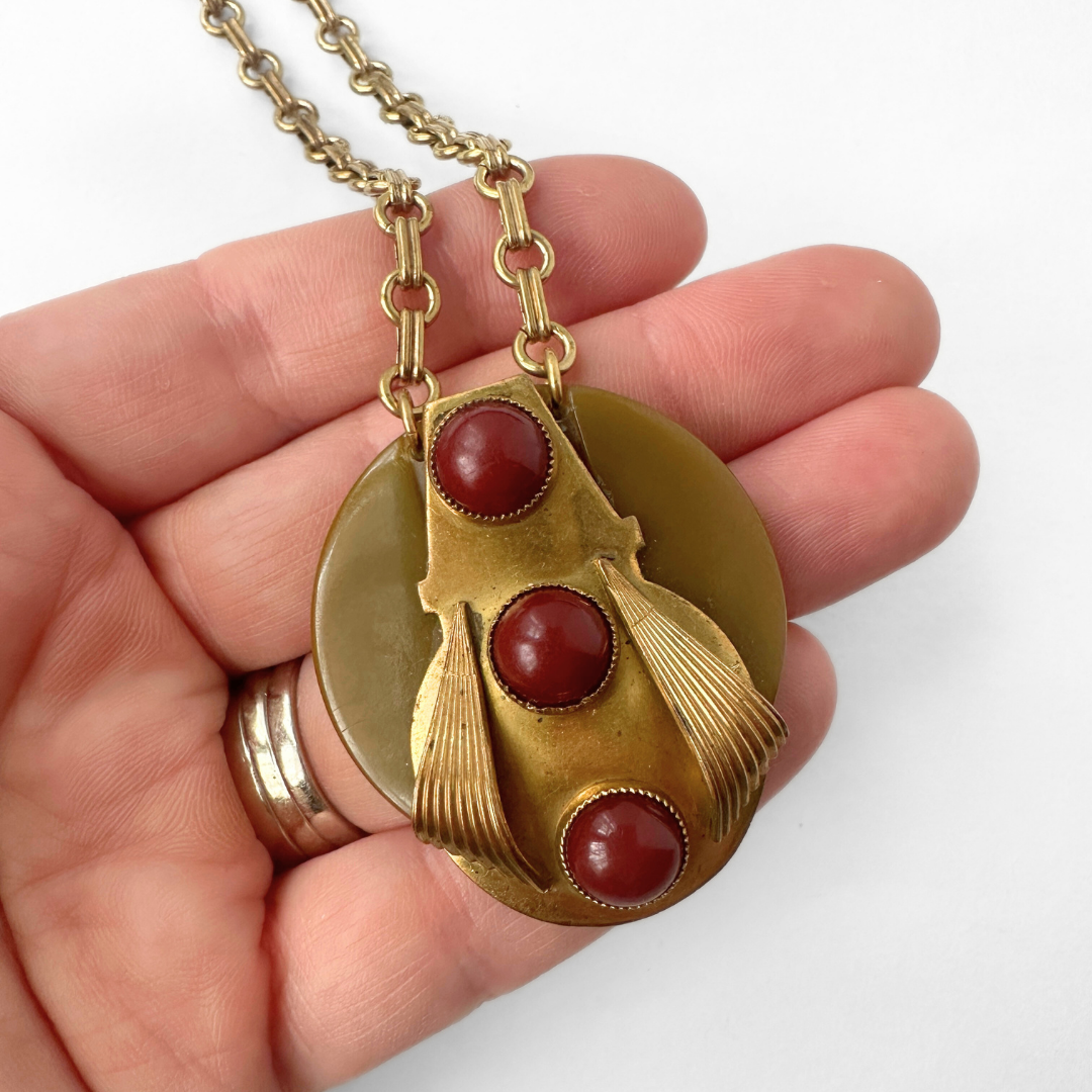 Repurposed olive bakelite and red carnelian assemblage pendant necklace