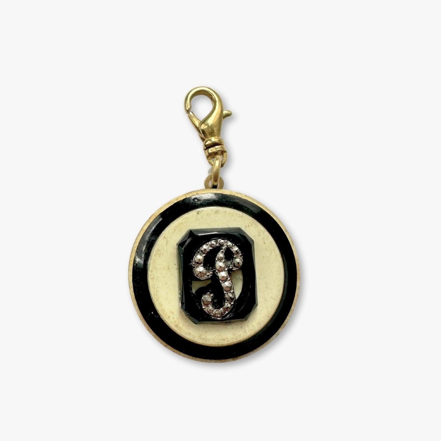 Vintage glass letter "P" charm on black and ivory button