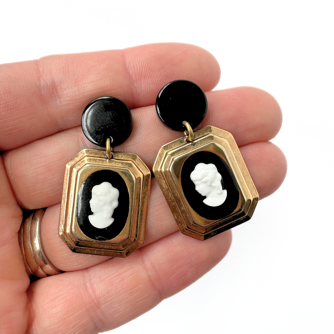 Black and gold refashioned vintage cameo statement earrings