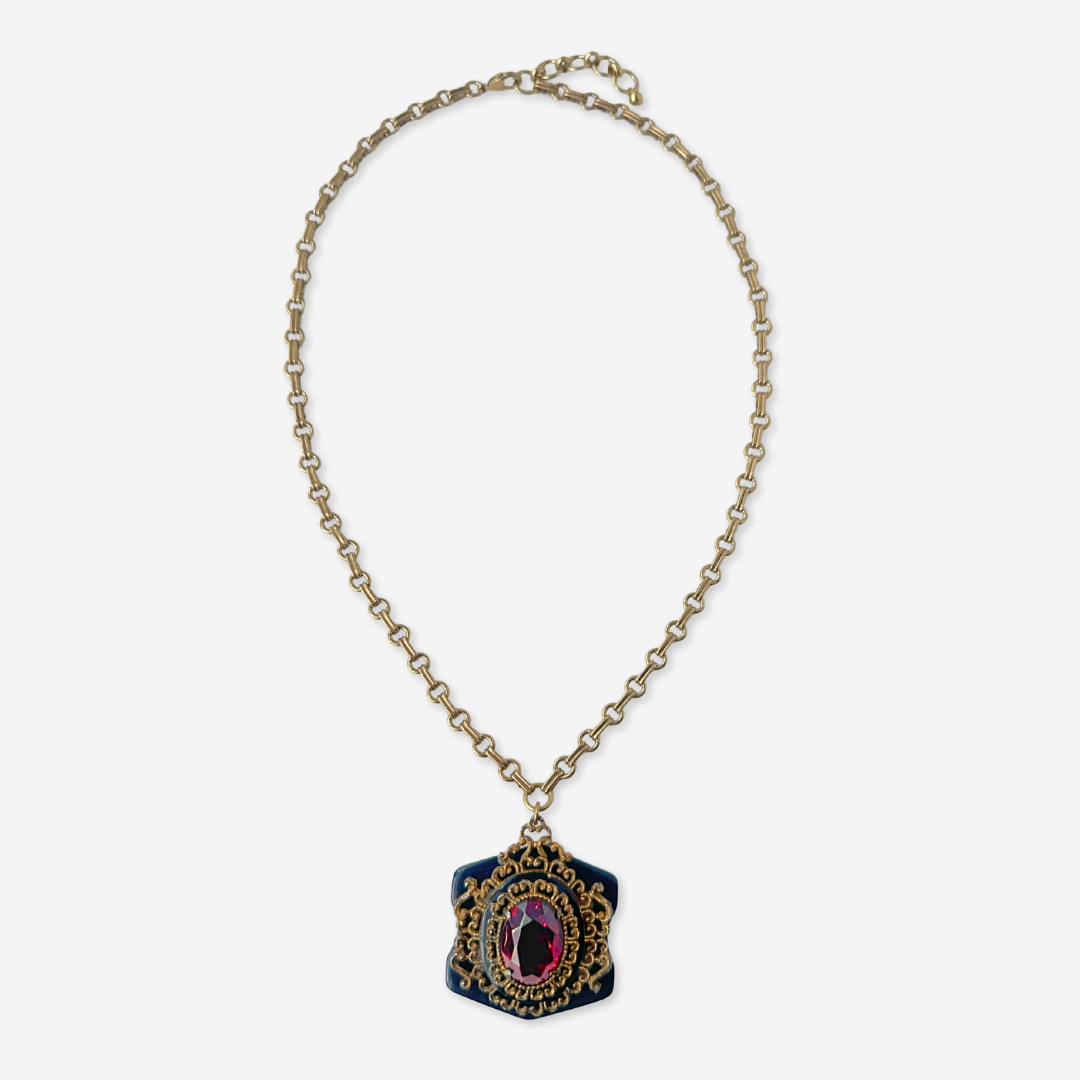 Repurposed ruby red ornate oval pendant on navy acrylic base