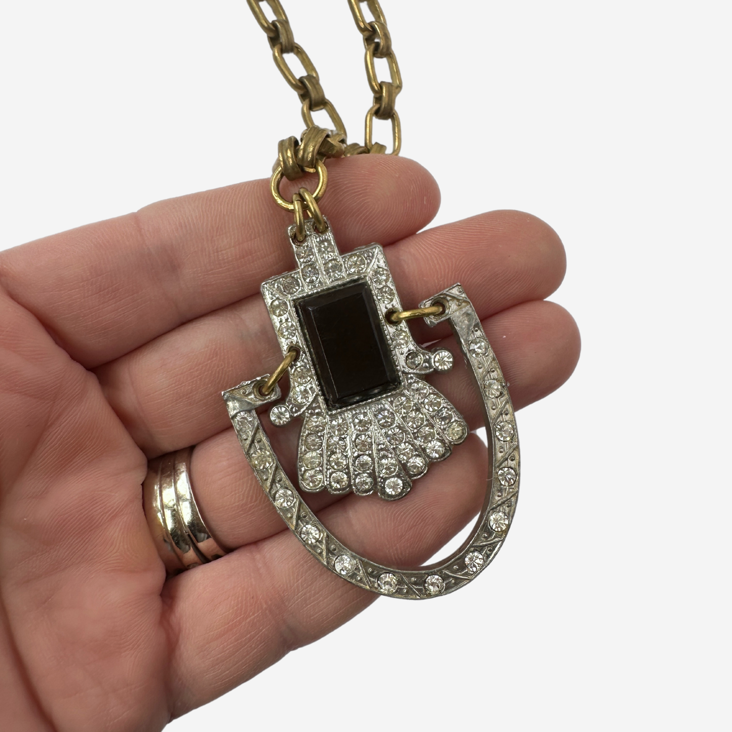 Refashioned vintage black and clear rhinestone assemblage necklace