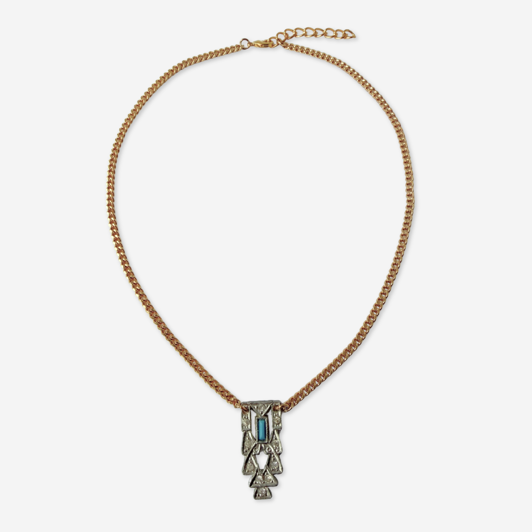 Refashioned vintage art deco turquoise and rhinestone pendant on gold chain