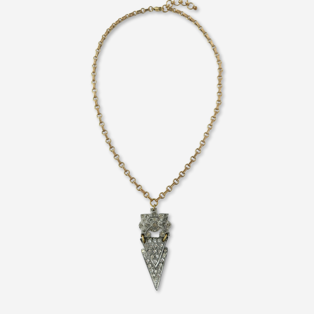 Refashioned 2-pc vintage art deco rhinestone and brass pendant assemblage necklace