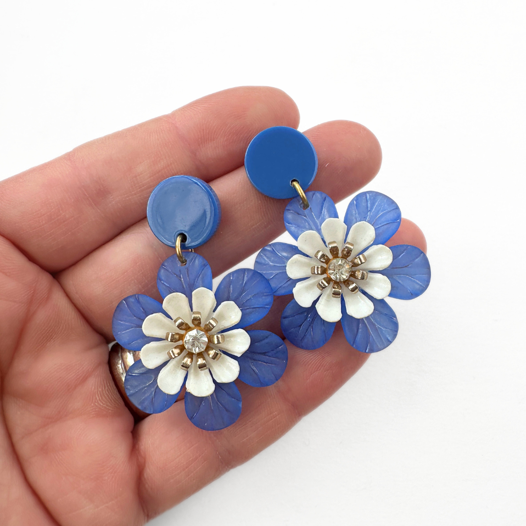 Refashioned vintage large periwinkle blue and white acrylic flower earrings