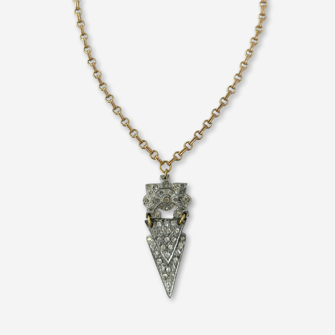 Refashioned 2-pc vintage art deco rhinestone and brass pendant assemblage necklace