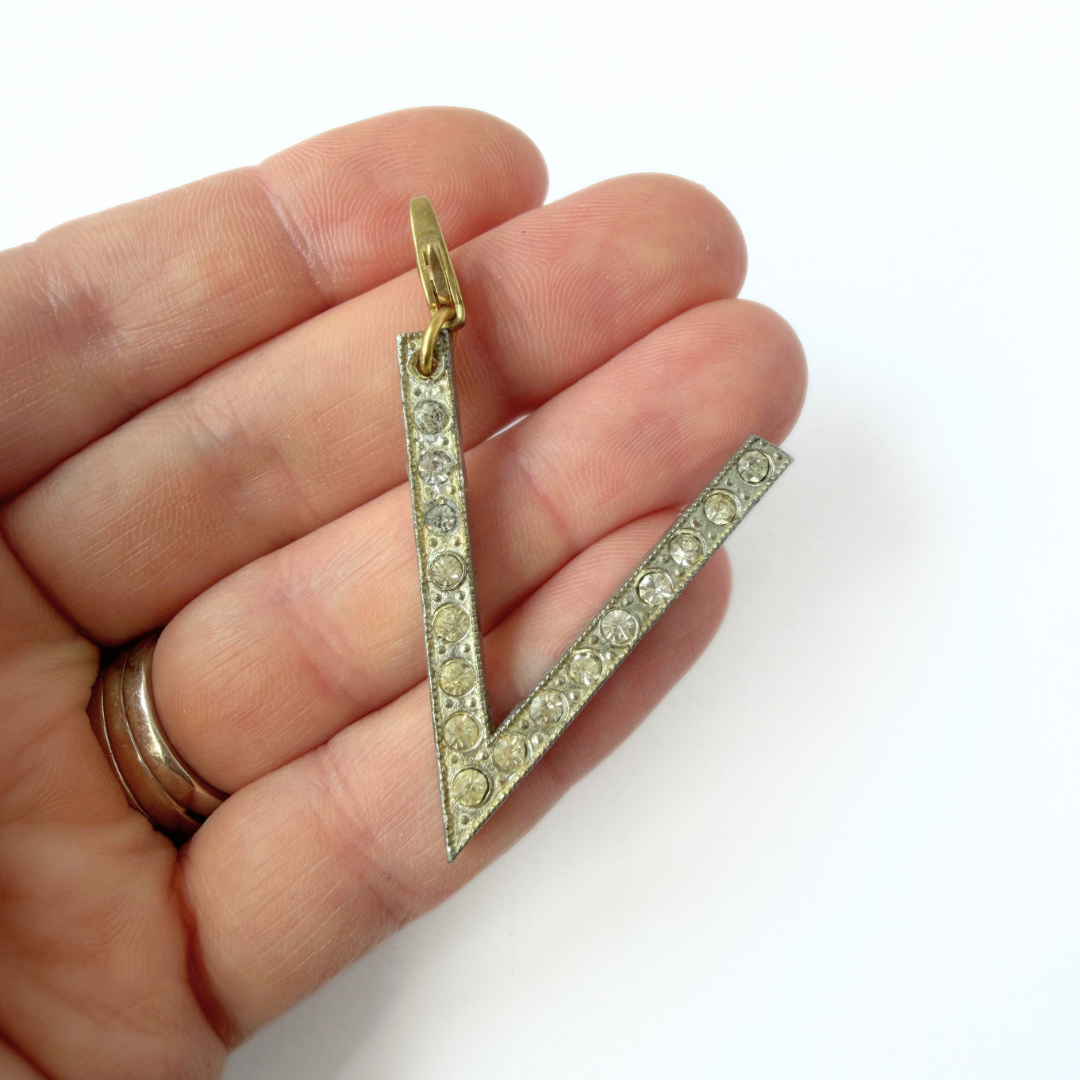 Refashioned vintage large silver rhinestone letter "V" monogram charm