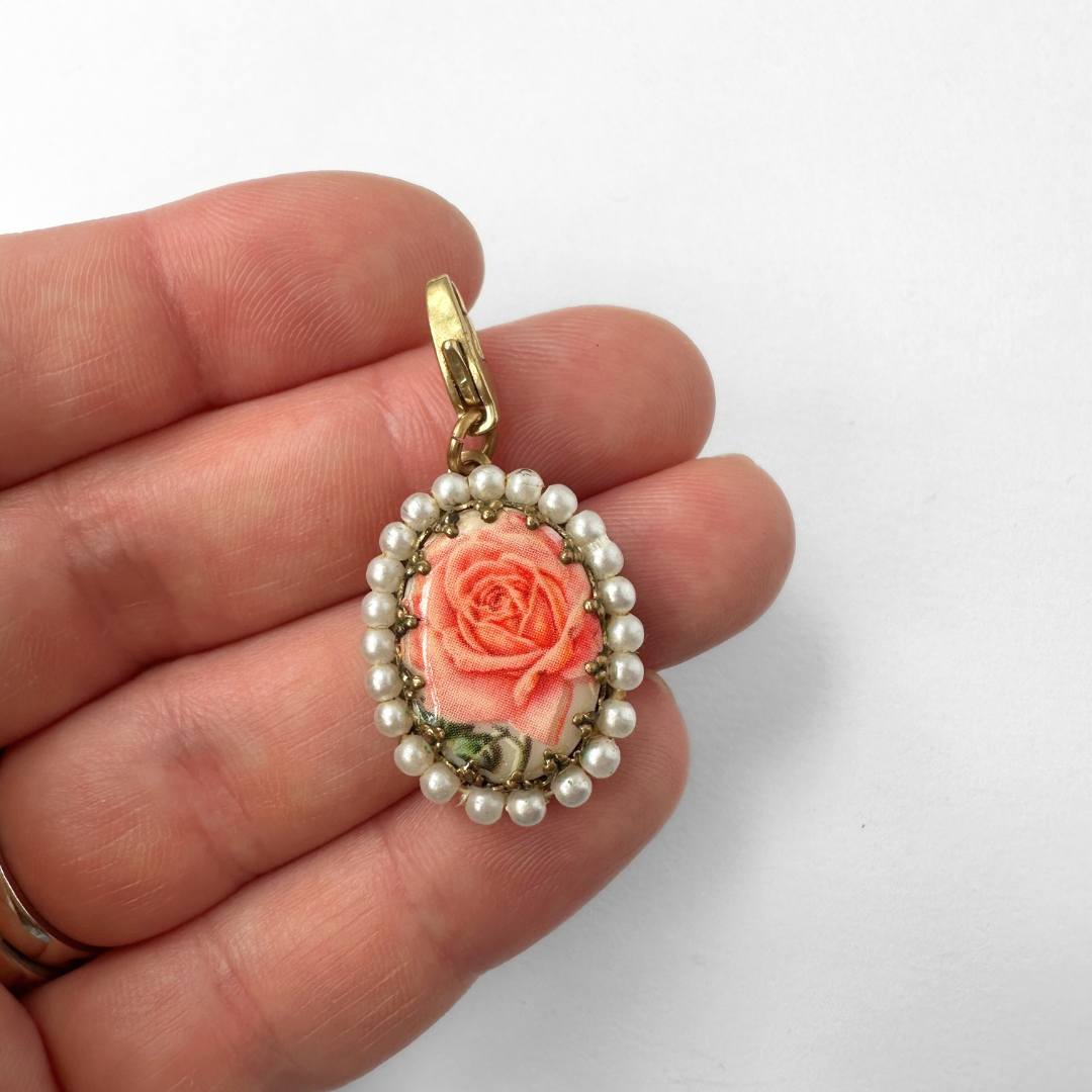 Vintage coral rose and pearl oval charm