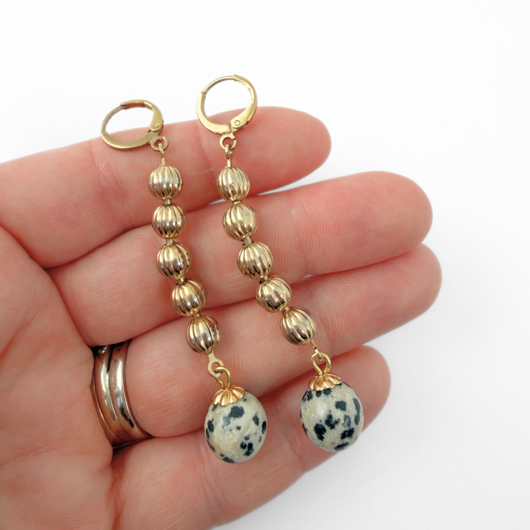 Vintage fluted brass bead and dalmatian jasper strand earrings
