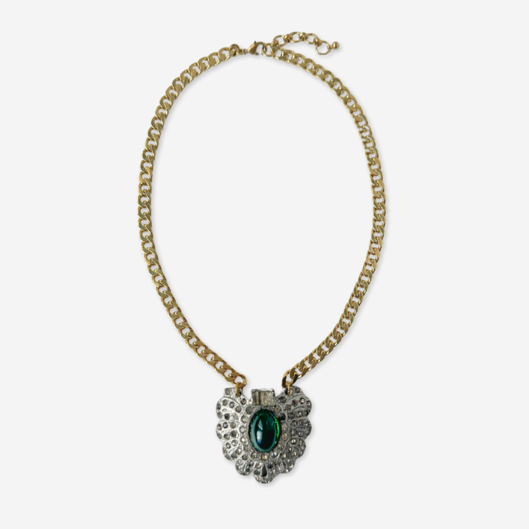 Large refashioned vintage clear and emerald rhinestone deco pendant necklace