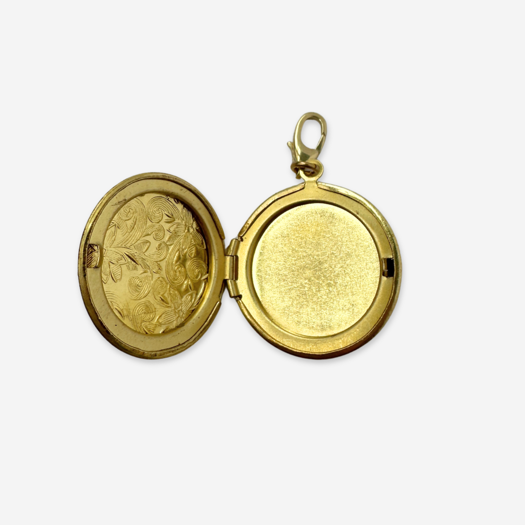 Vintage etched brass circular locket charm with clear rhinestones