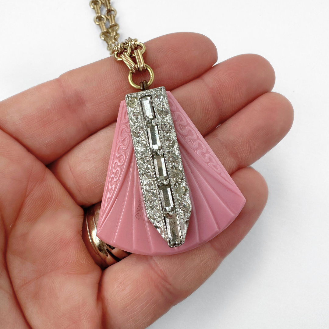Refashioned Vintage pink Czech glass and rhinestone pendant neckace