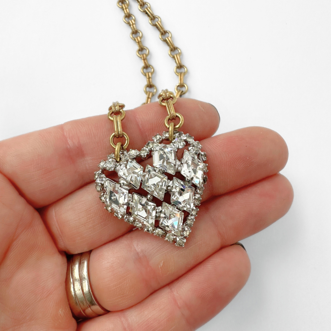 Vintage clear rhinestone heart pendant with raw brass chain