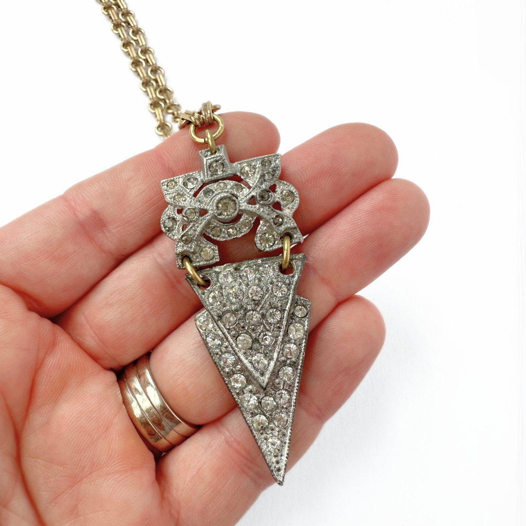 Refashioned 2-pc vintage art deco rhinestone and brass pendant assemblage necklace