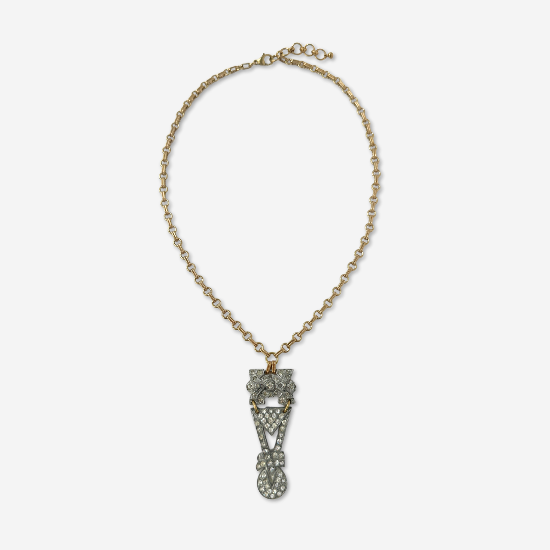 Refashioned 2-pc vintage art deco rhinestone and brass pendant assemblage necklace