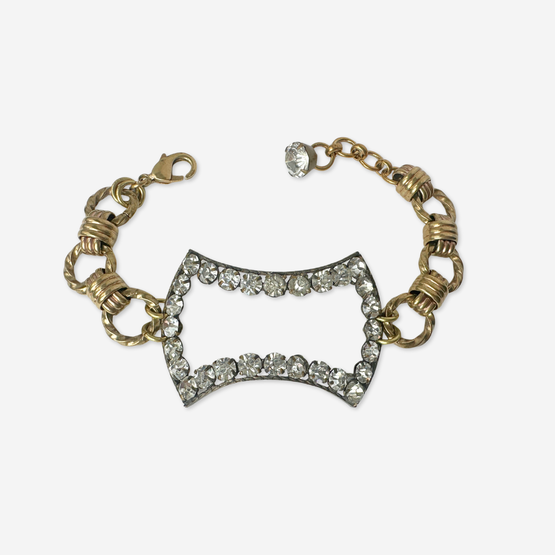 Repurposed vintage Rhinestone open buckle bracelet with brass chain