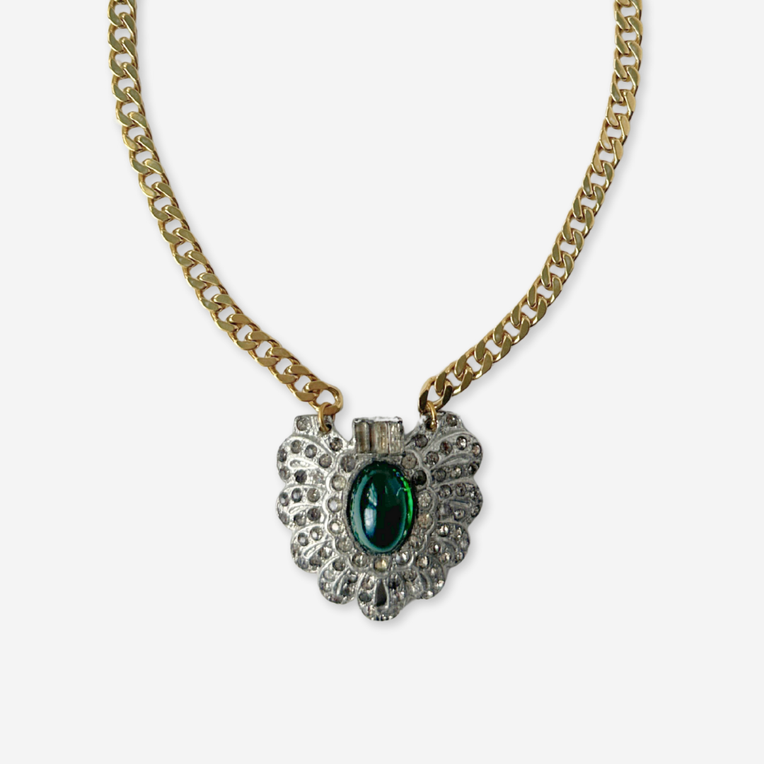 Large refashioned vintage clear and emerald rhinestone deco pendant necklace