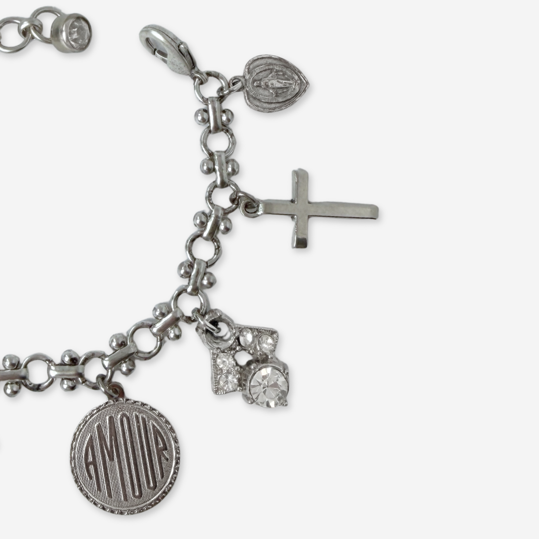 Repurposed vintage mixed silver religious charm bracelet