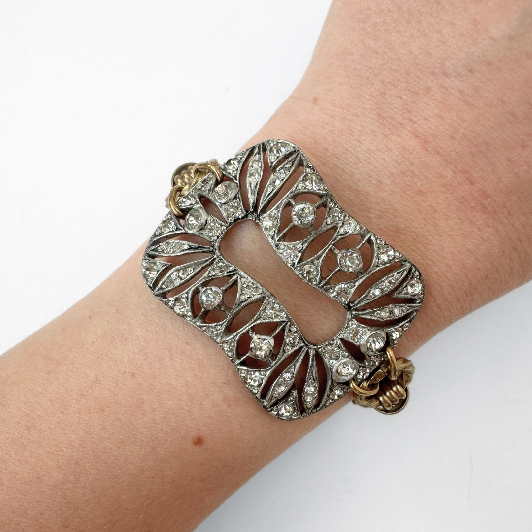 Repurposed vintage Rhinestone pierced shoe buckle bracelet with brass chain