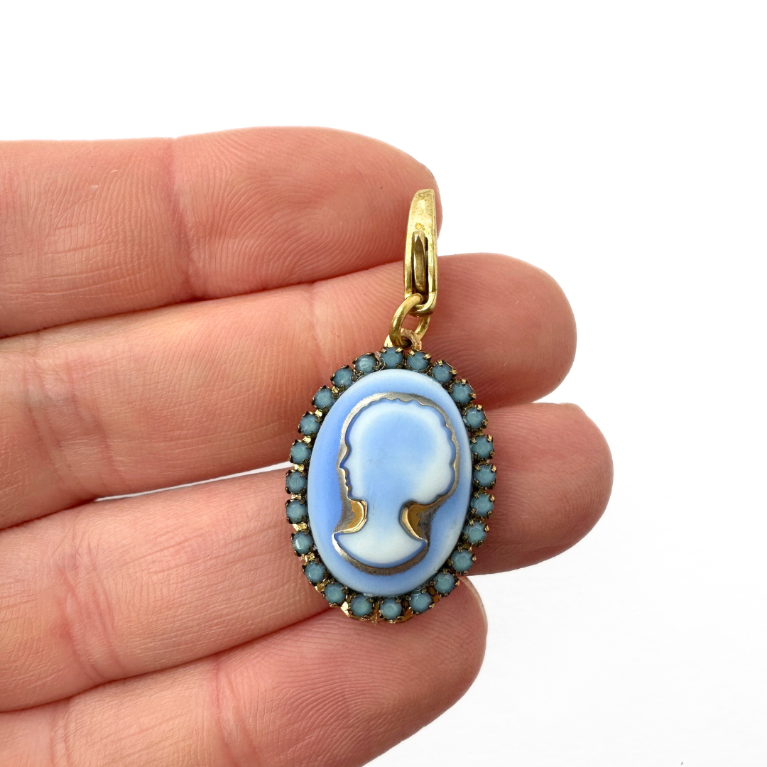 Refashioned vintage periwinkle blue glass oval cameo charm