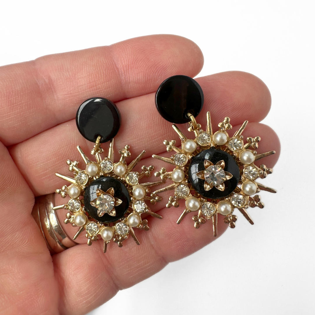 Refashioned vintage black, gold, and pearl sunburst drop earrings