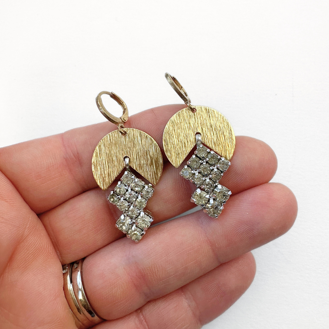 Refashioned vintage clear rhinestone earrings with brass wedge