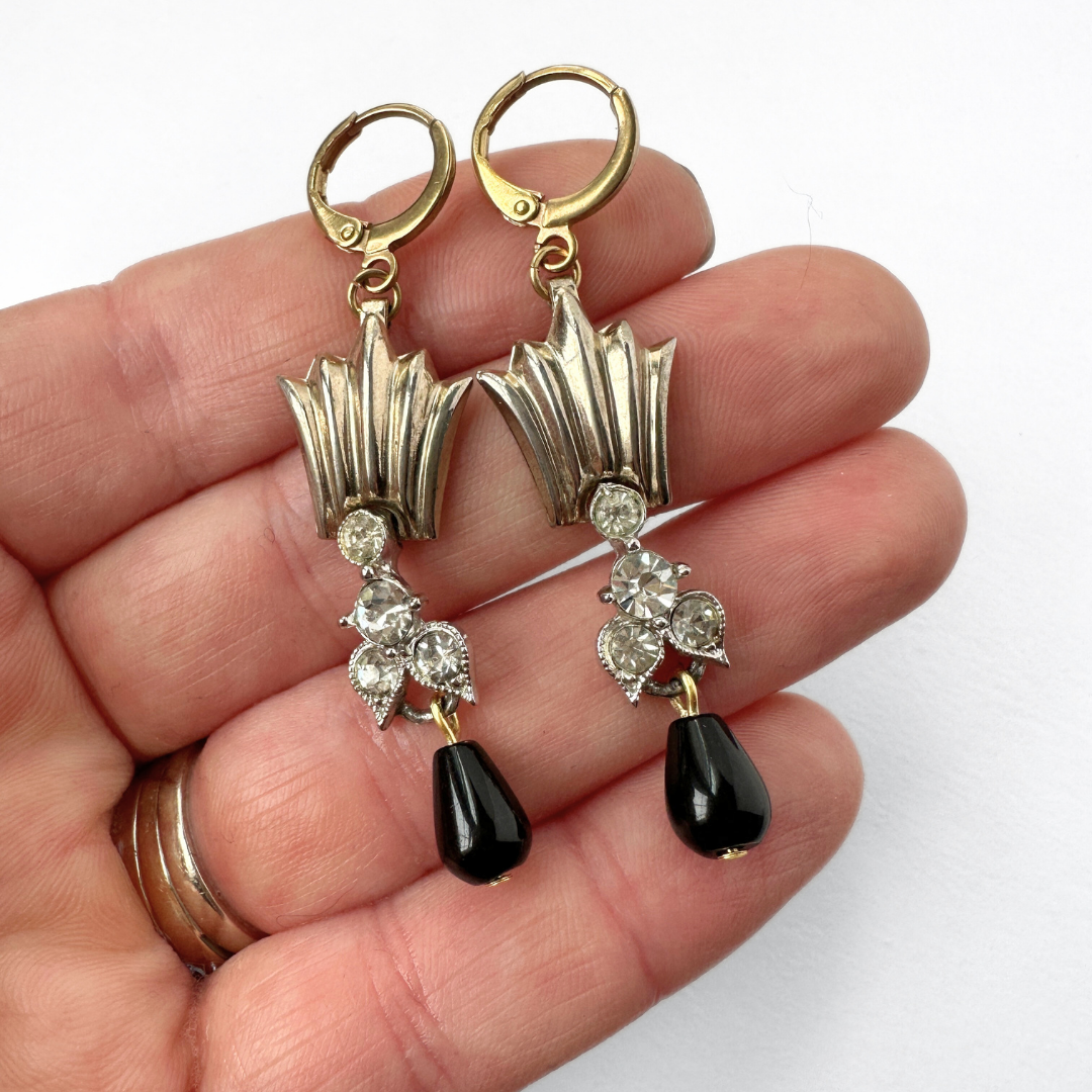 Refashioned vintage fan earrings with clear rhinestone link and black teardrop
