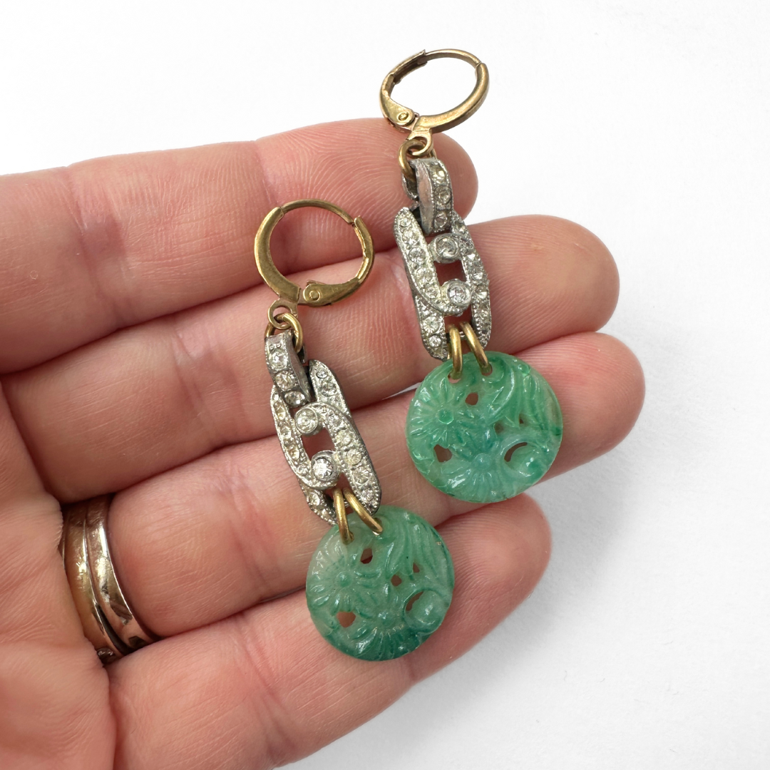 Refashioned vintage pieced jade and rhinestone link earrings