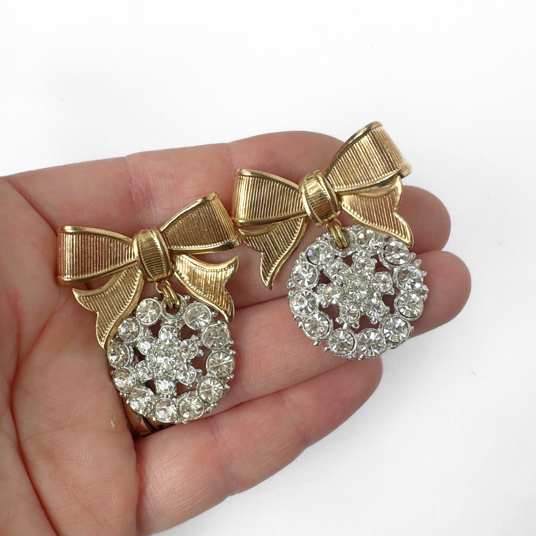 Refashioned vintage clear rhinestone button earrings with gold bow posts