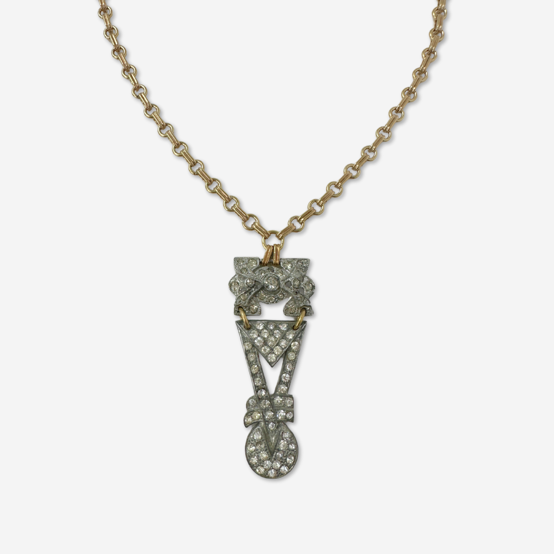 Refashioned 2-pc vintage art deco rhinestone and brass pendant assemblage necklace