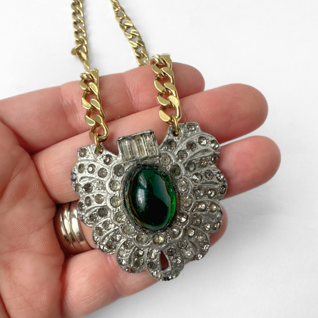 Large refashioned vintage clear and emerald rhinestone deco pendant necklace