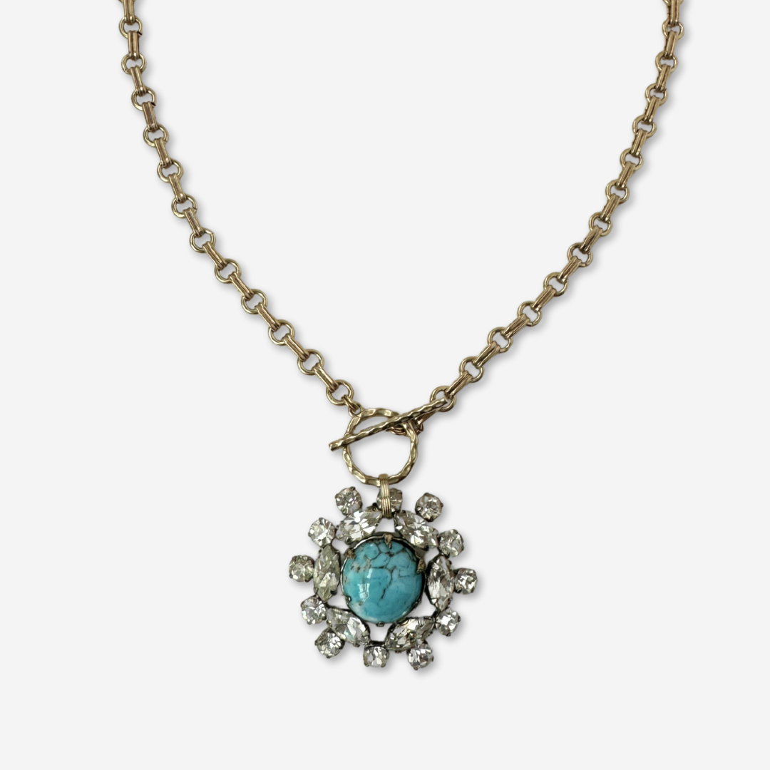 Rerfashioned vintage turquoise and clear rhinestone pendant with brass chain