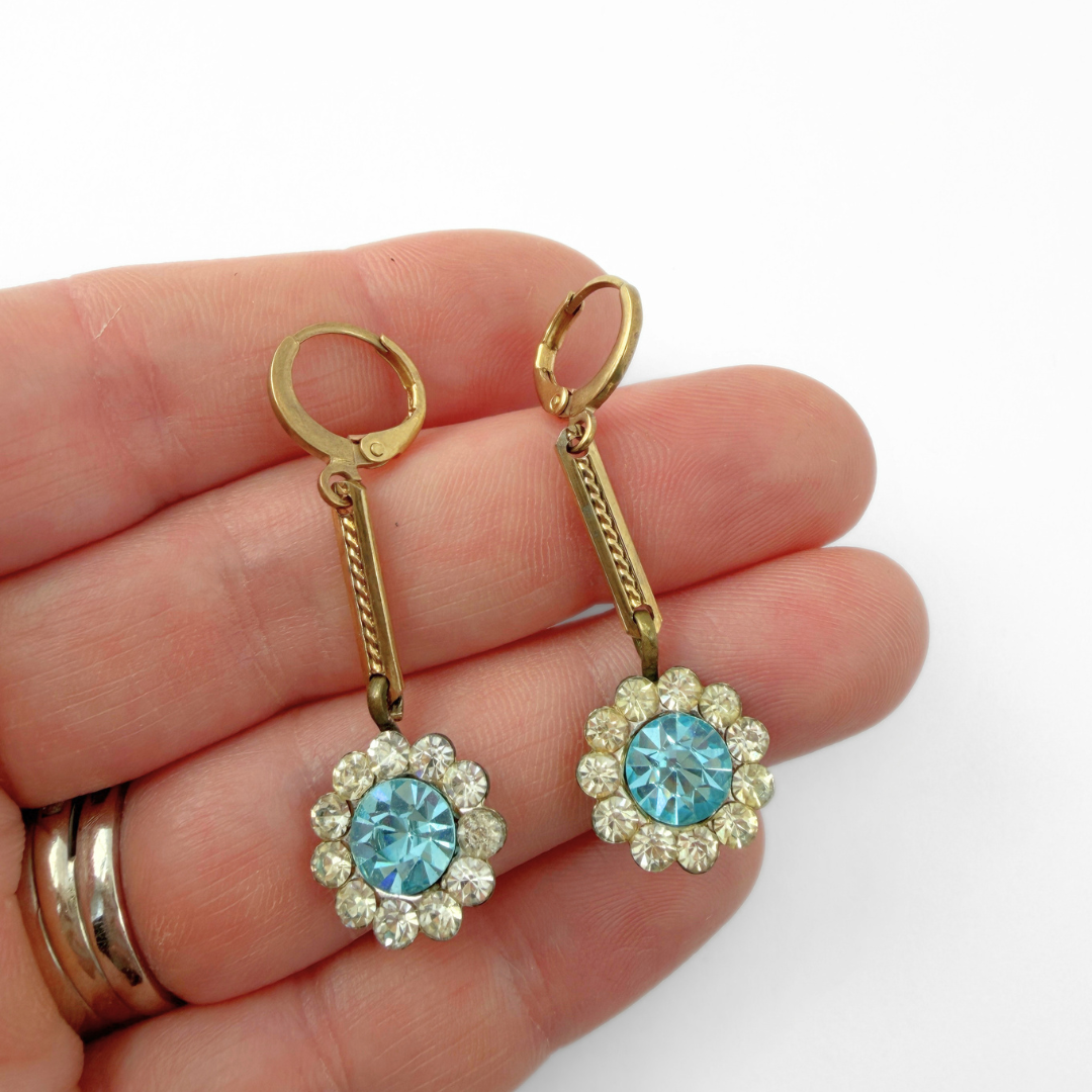 Refashioned vintage blue topaz rhinestone drops with gold bar links
