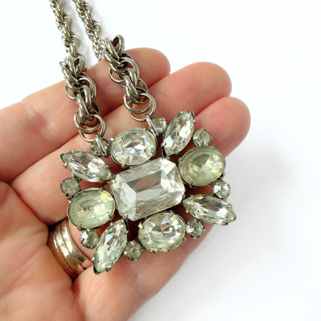 Large refashioned vintage clear rhinestone silver pendant necklace