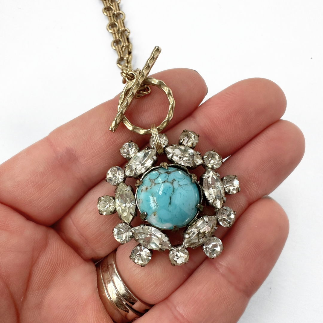 Rerfashioned vintage turquoise and clear rhinestone pendant with brass chain