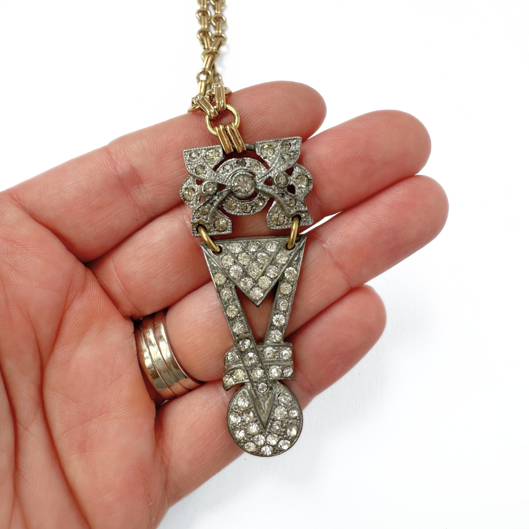 Refashioned 2-pc vintage art deco rhinestone and brass pendant assemblage necklace