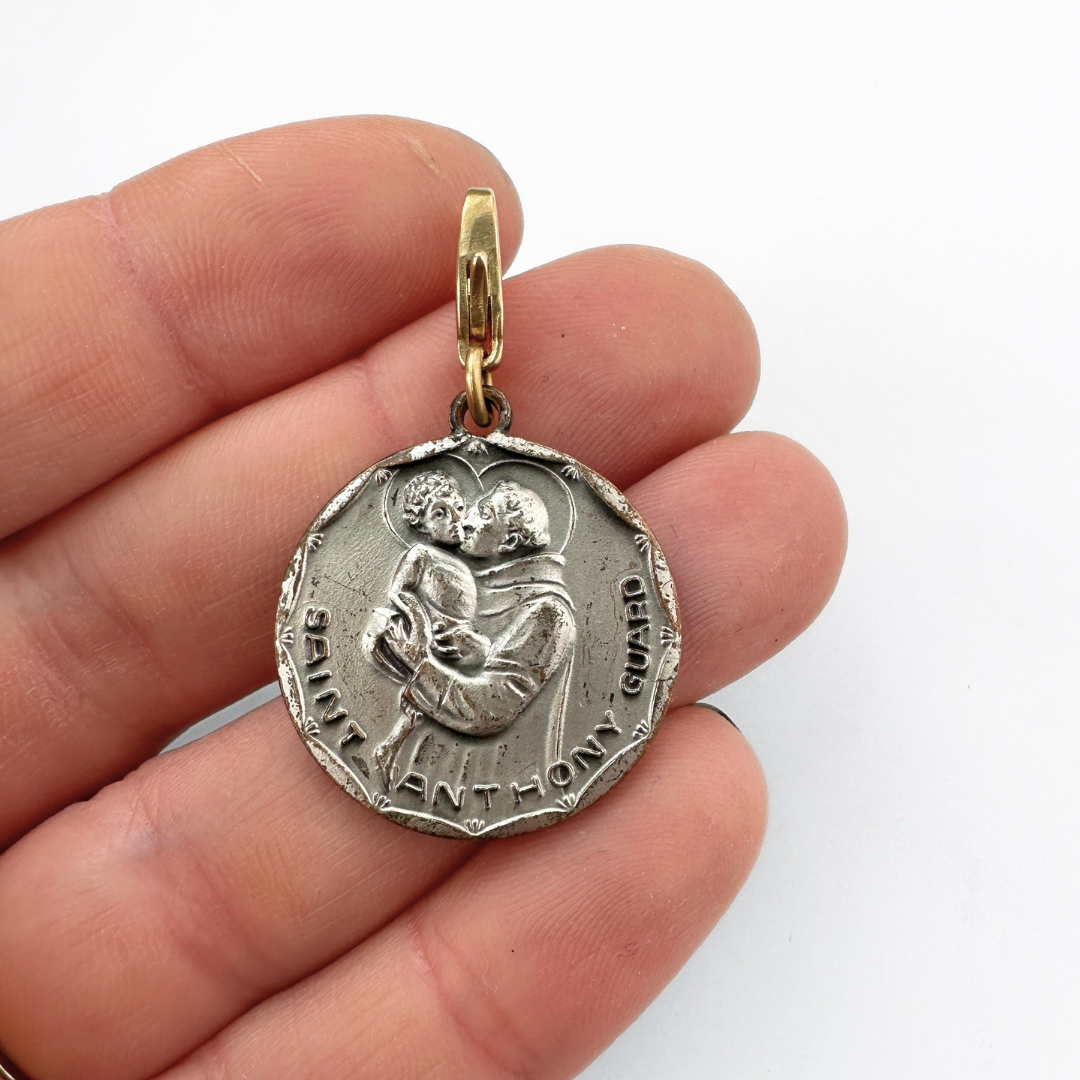 Vintage aged silver Saint Anthony/ Christopher circular charm pendant